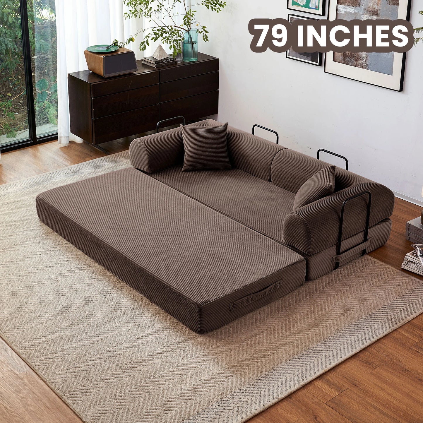 Foldable Convertible Futon Sofa Bed With L Shape Armrests