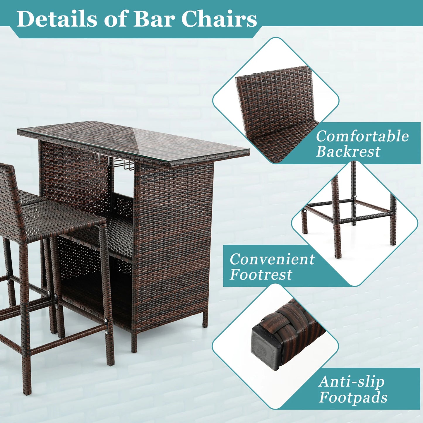 Patio 3 Piece Wicker Bar Set with Stools and Stemware Racks