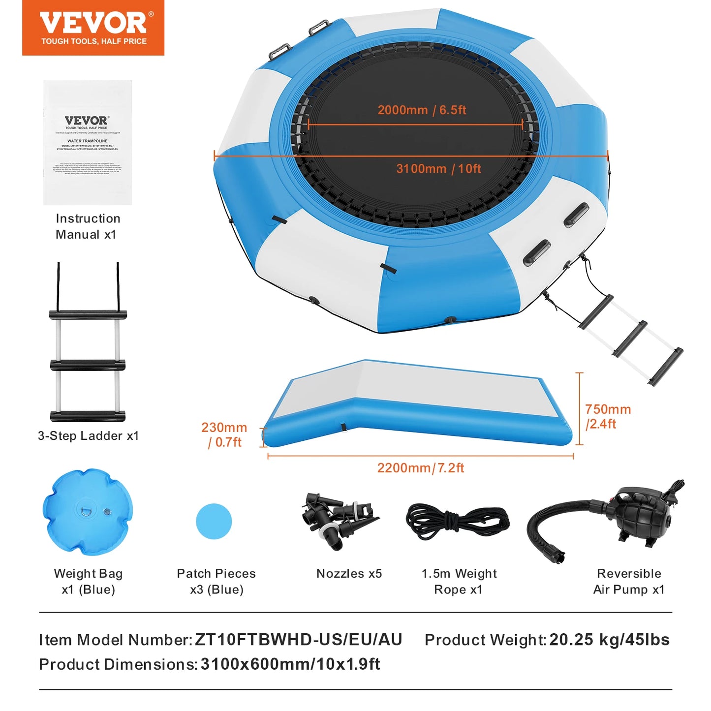 Inflatable Water Bouncer Recreational Trampoline With Slide And Ladder