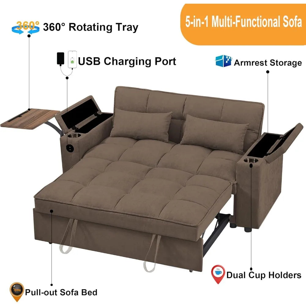 65 Inch Convertible Sleeper Sofa Bed with Chaise and USB Ports