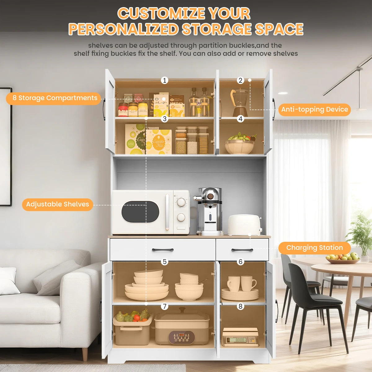 Huisenitre Freestanding Pantry Cabinet With Charging Station Adjustable Shelves