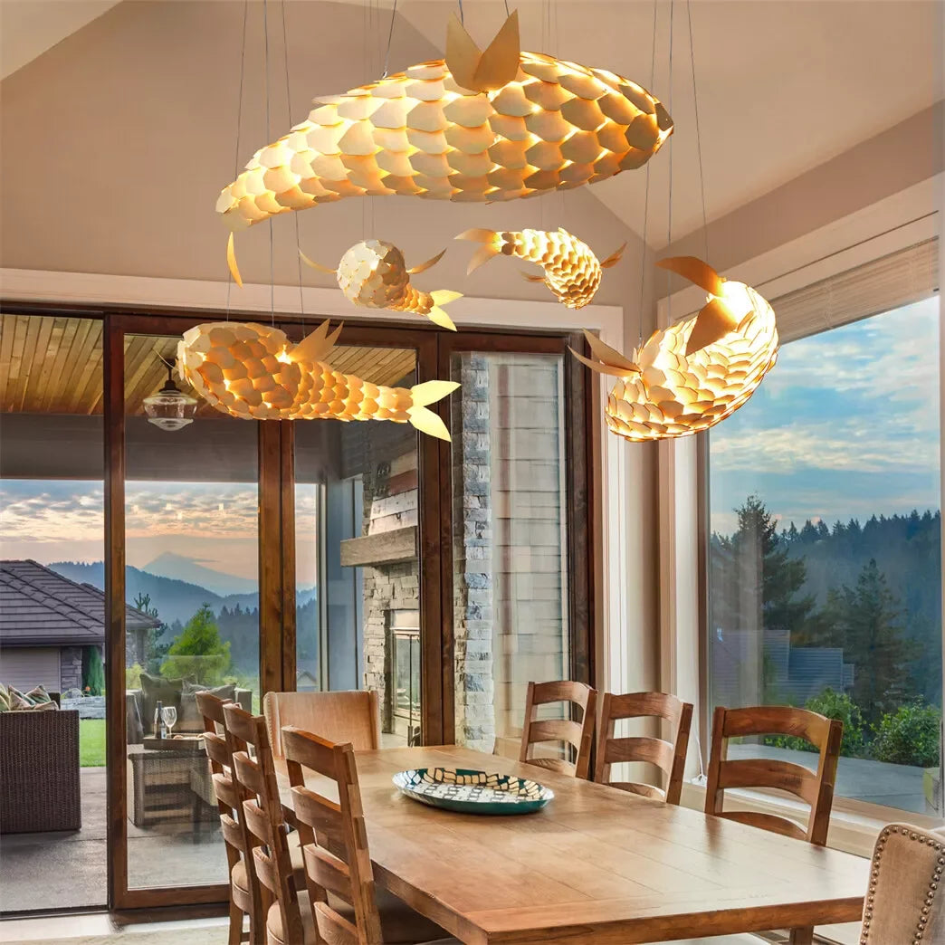 Fish Shape Wood Ceiling Pendant Lamp Handwoven Restaurants
