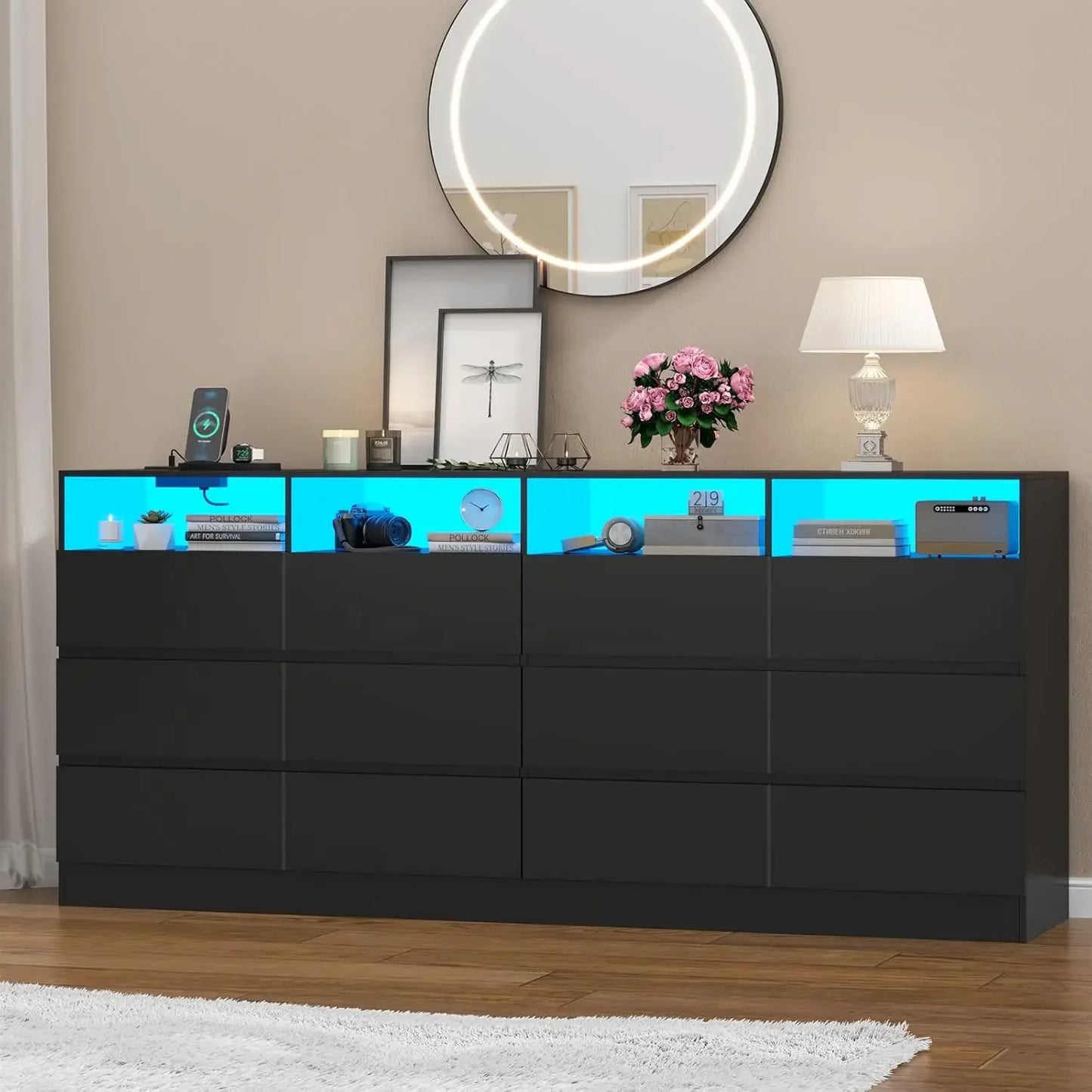 12 Drawer Black Dresser With Charging Station And TV Stand