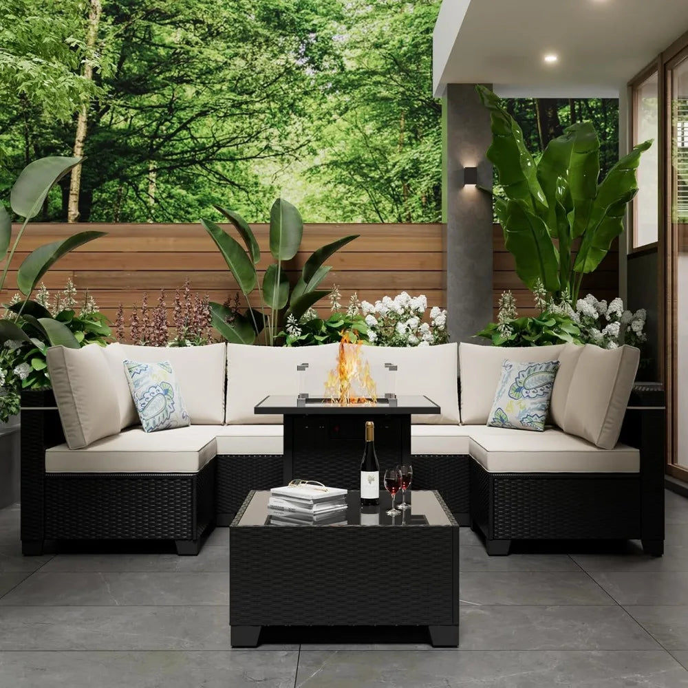 8 Piece Outdoor Sectional Rattan Sofa Set With Gas Fire Pit