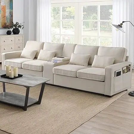 104 Inch Modern 4-Seater Linen Sofa with Pillows and Pockets