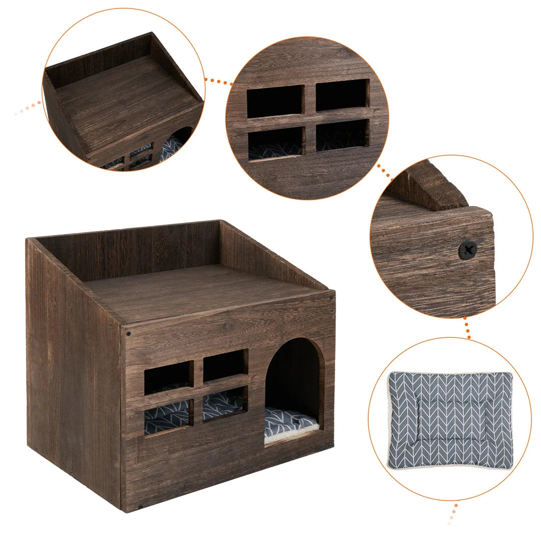 Wooden Cat Cave Bed with Cushion for Indoor Cats