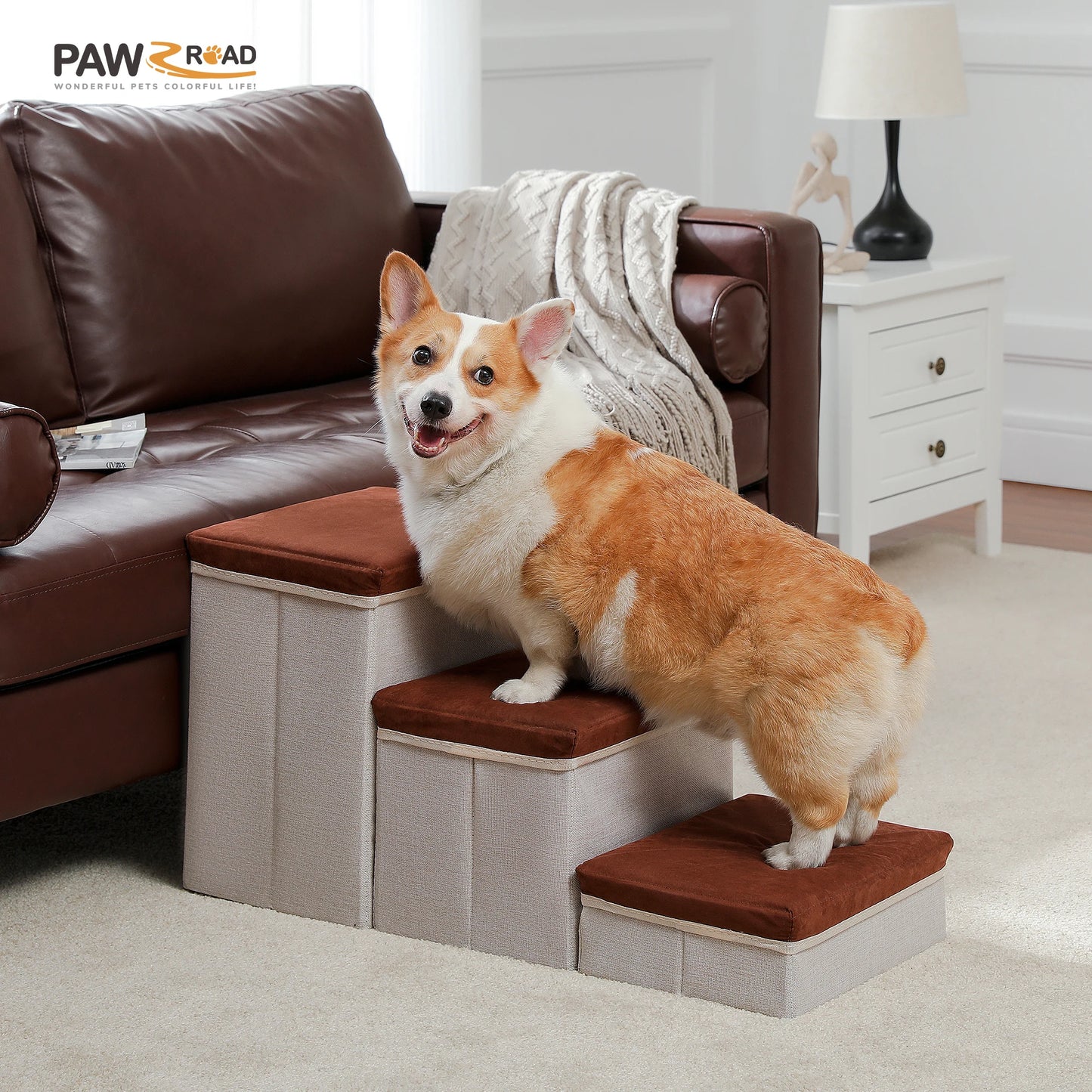 3 Tier Dog Stairs Foldable With Storage Box Non Slip Ramp