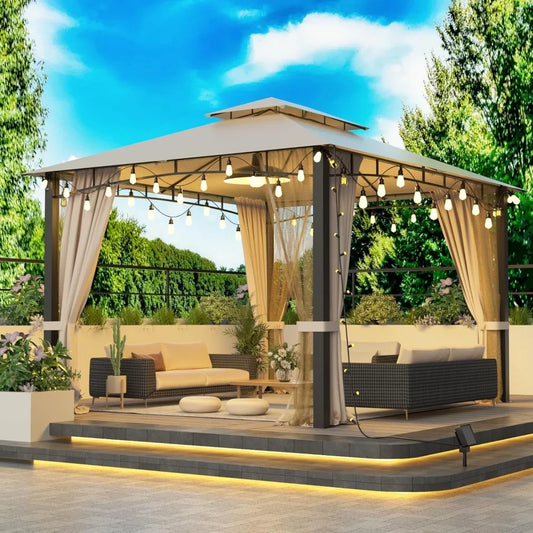 Heavy Duty 10x12 Patio Gazebo with Double Roof and Privacy Curtains