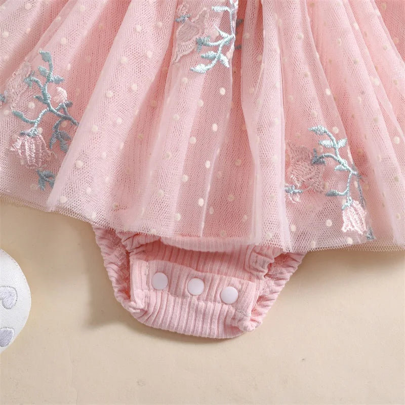 Newborn Baby Girls Sleeveless Romper Dress With Floral Mesh Skirt