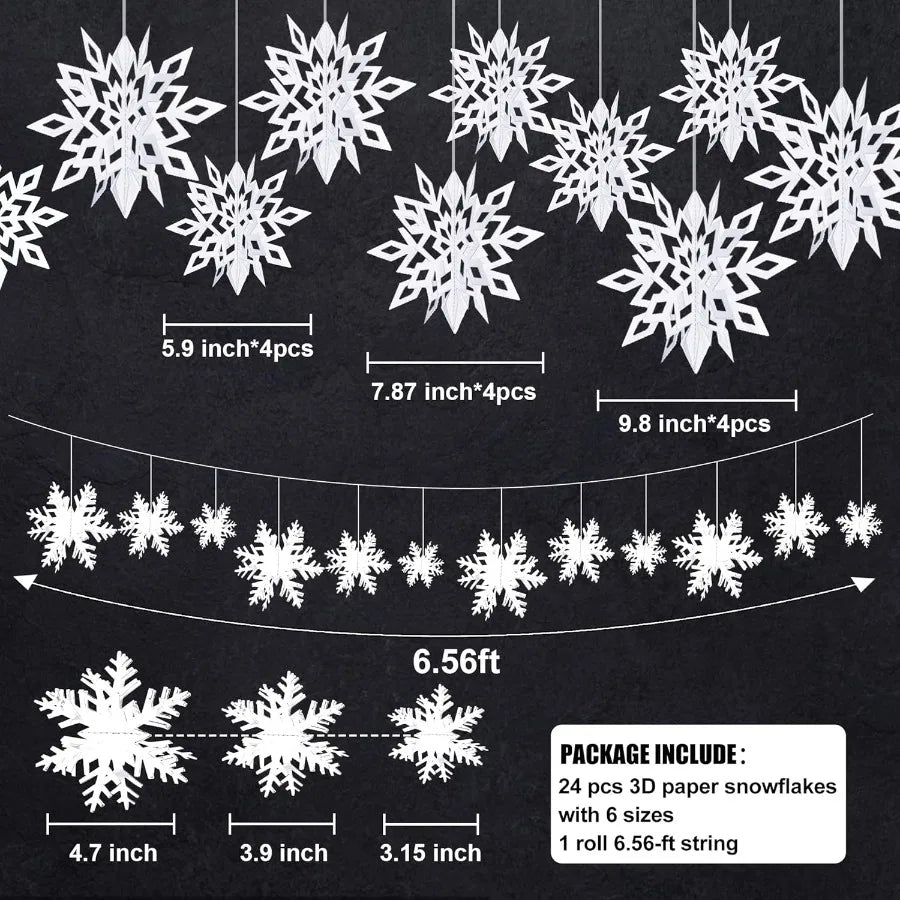 24Pcs 3D White Paper Snowflake Garland for Christmas Decor