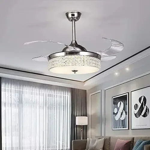 Retractable Ceiling Fan Light With Remote Crystal LED Chandelier
