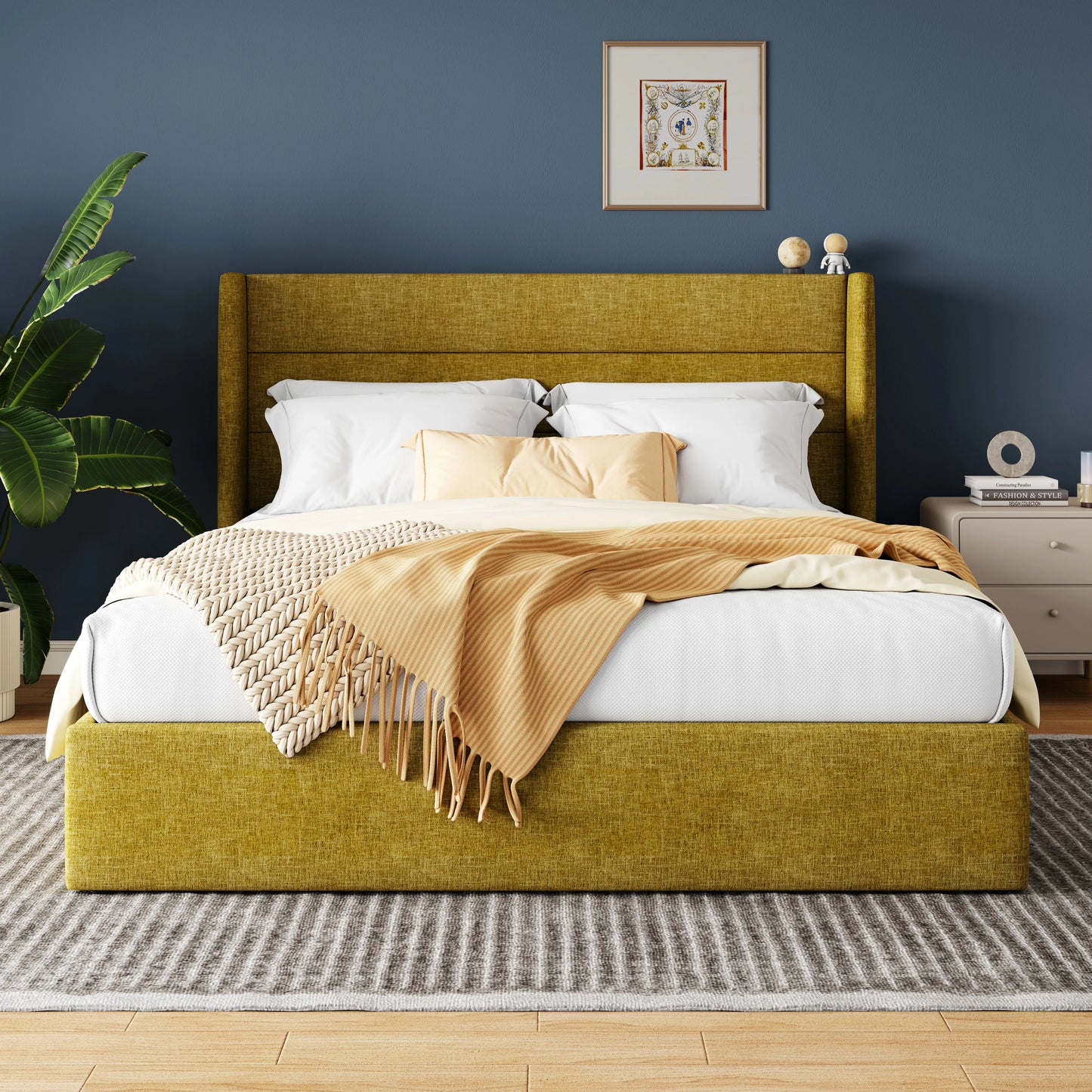 HOOMIC Lift Up Storage Bed With Wingback Headboard Underbed Storage