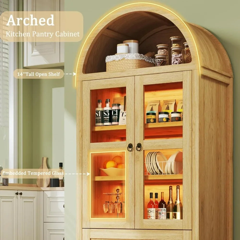 Arched Pantry Cabinet With LED Lights Two Drawers Adjustable Shelves