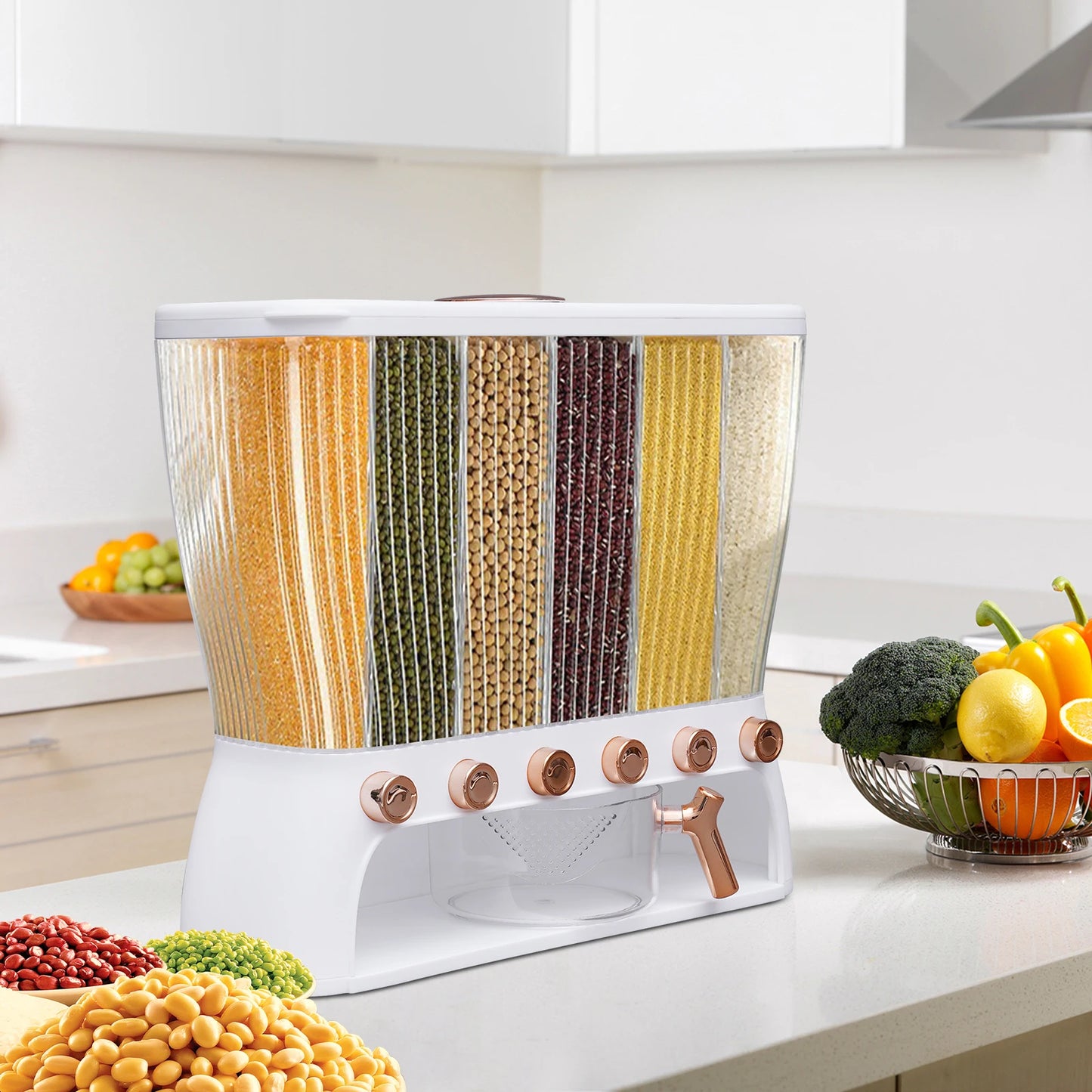 Kitchen Multigrain Tank 6 Grid Rice Storage Dispenser 22 Lb
