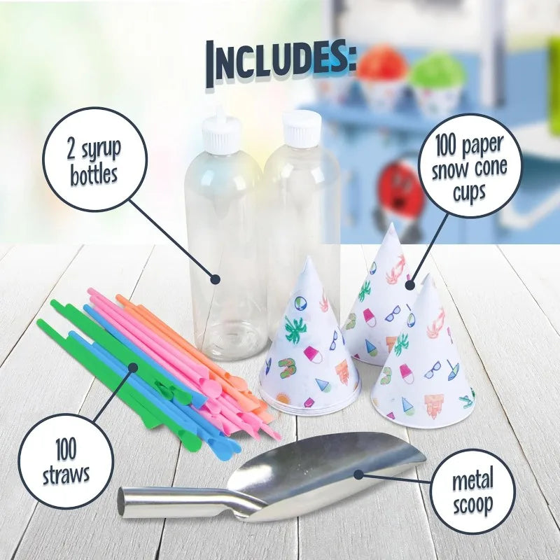Cone Shaved Ice Machine - Retro Cart Slushie Machine Makes 72 Icy Treats - Includes Metal Scoop, 2 Syrup Bottles,