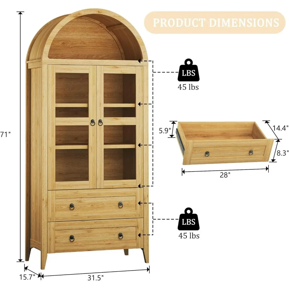 Arched Pantry Cabinet With LED Lights Two Drawers Adjustable Shelves