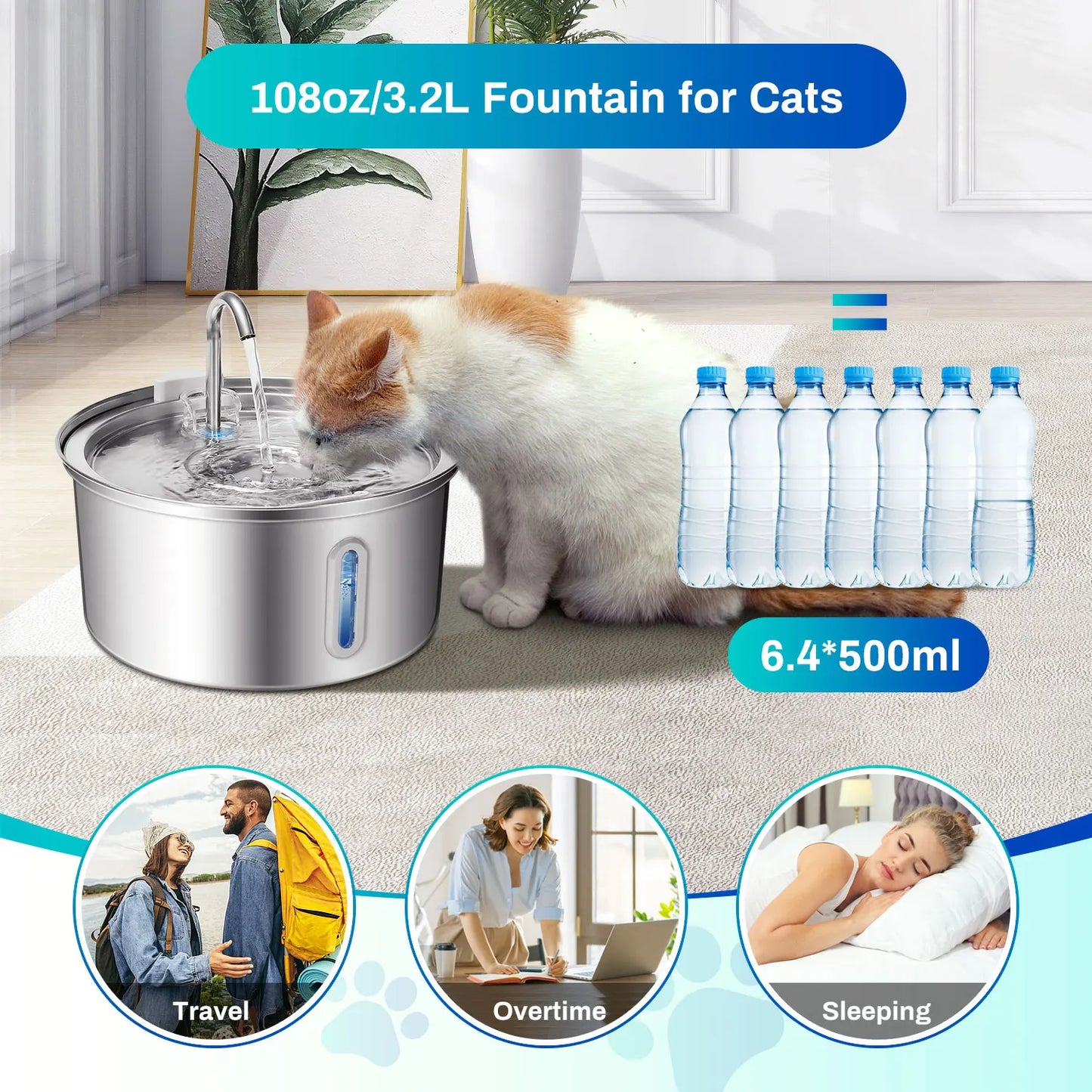 Cat Water Fountain Stainless Steel 108oz Ultra Quiet Pump