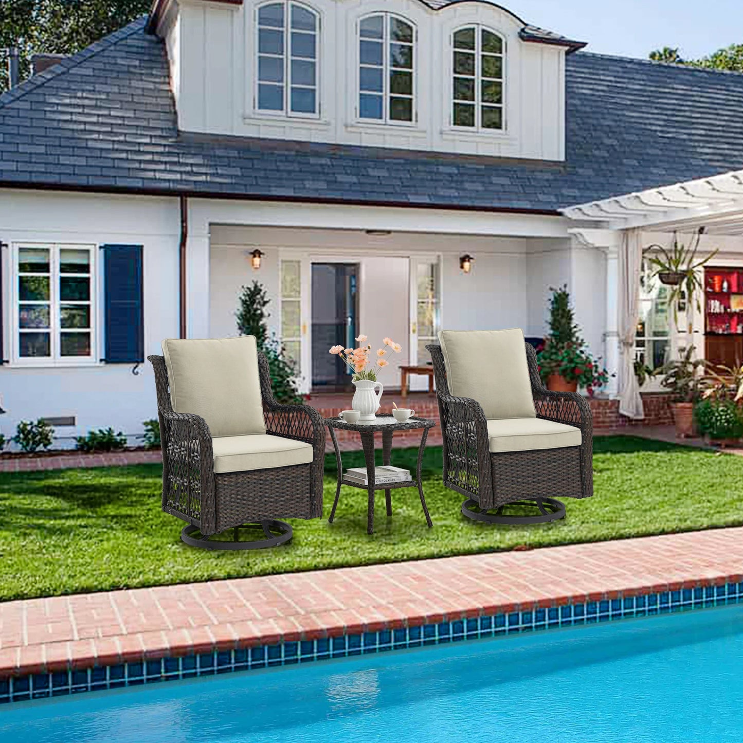 HobbyLane 3 Piece Outdoor Wicker Swivel Chair Set With Table