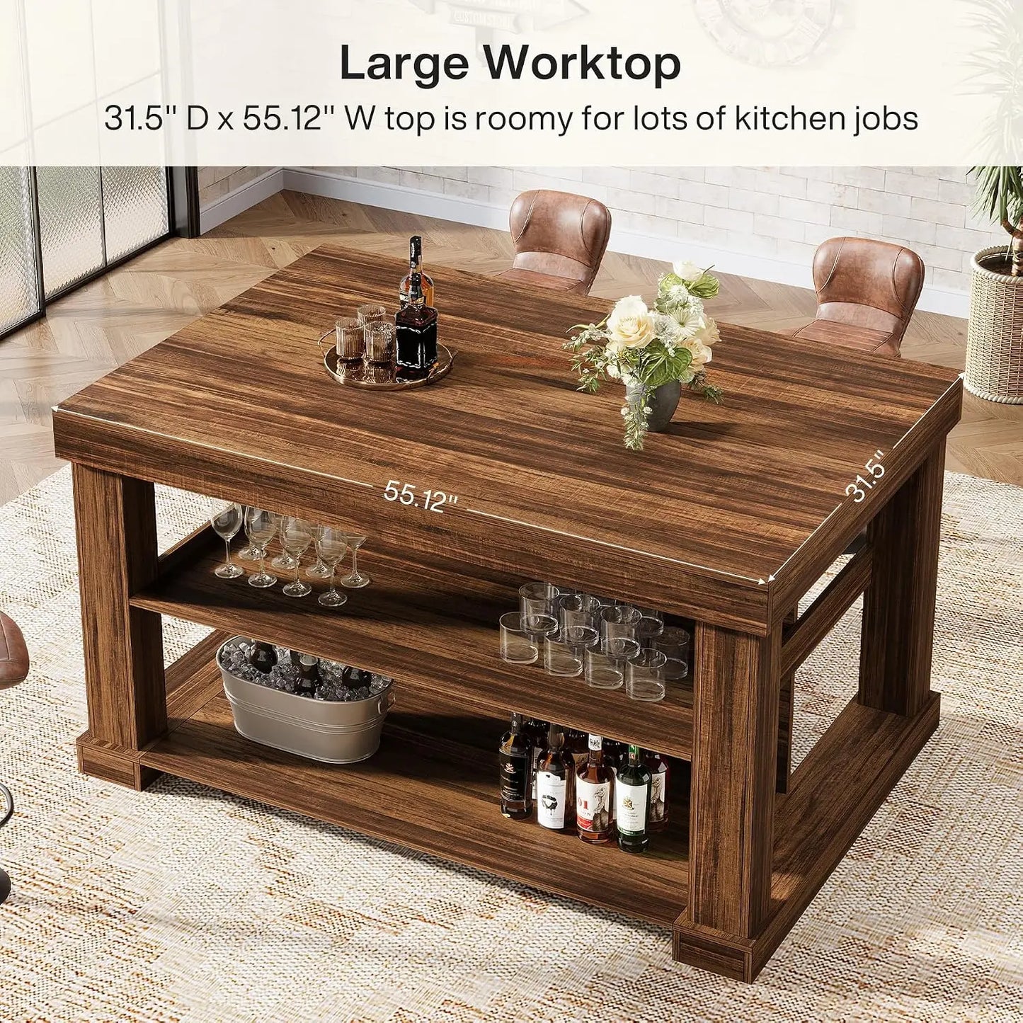 55 Inch Farmhouse Kitchen Island With Storage And Seating