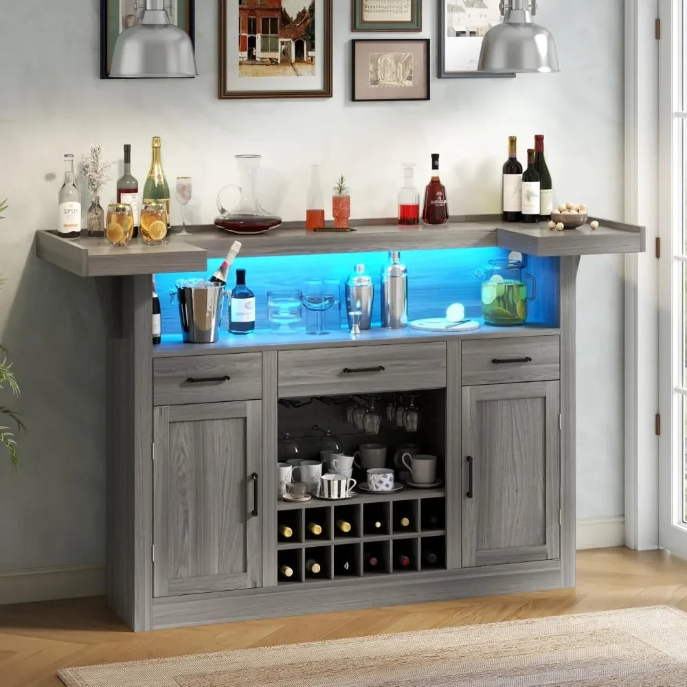 Crescent Bar Cabinet With LED Lighting And Stemware Holders