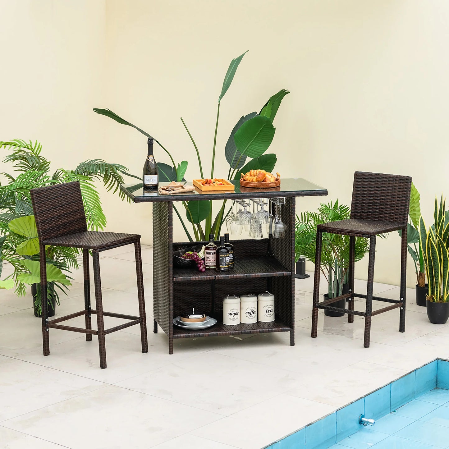 Patio 3 Piece Wicker Bar Set with Stools and Stemware Racks