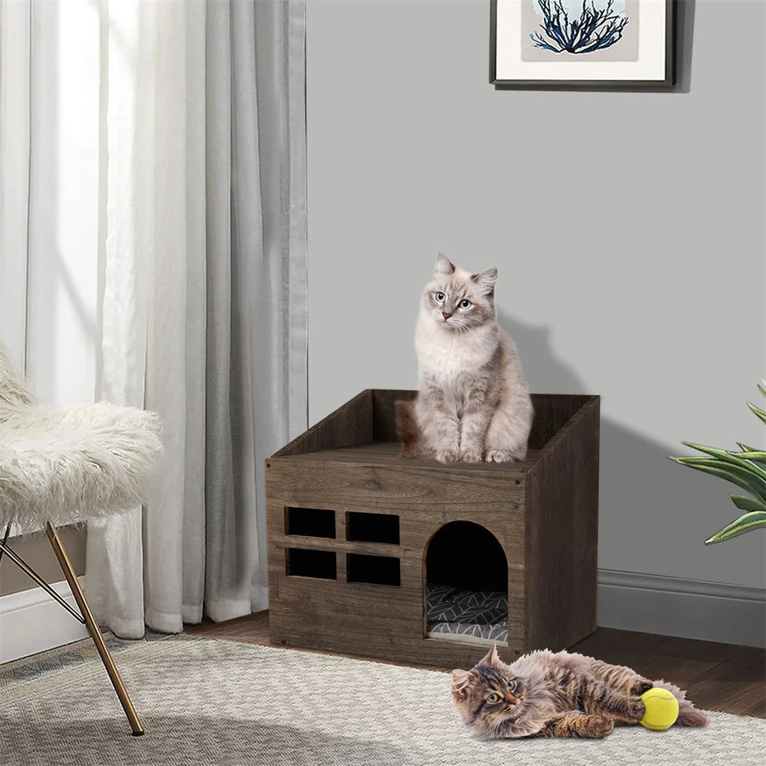 Wooden Cat Cave Bed with Cushion for Indoor Cats