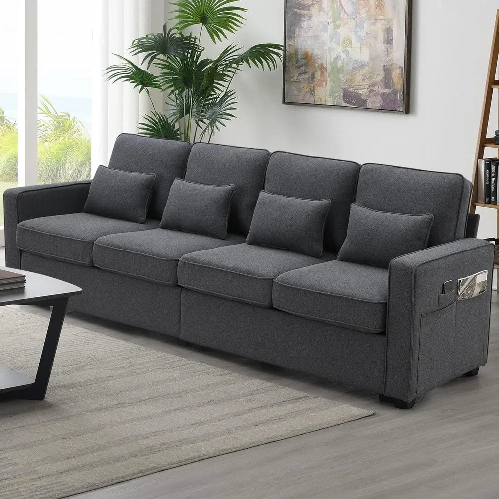 104 Inch Modern 4-Seater Linen Sofa with Pillows and Pockets