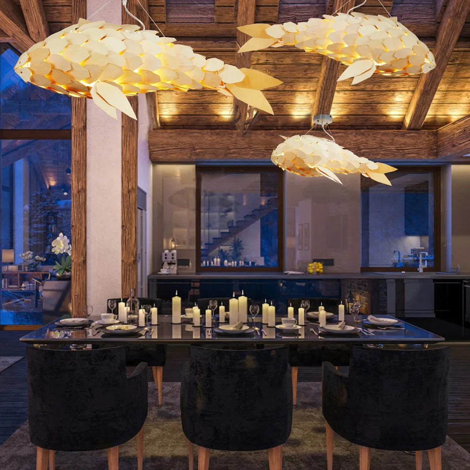 Fish Shape Wood Ceiling Pendant Lamp Handwoven Restaurants