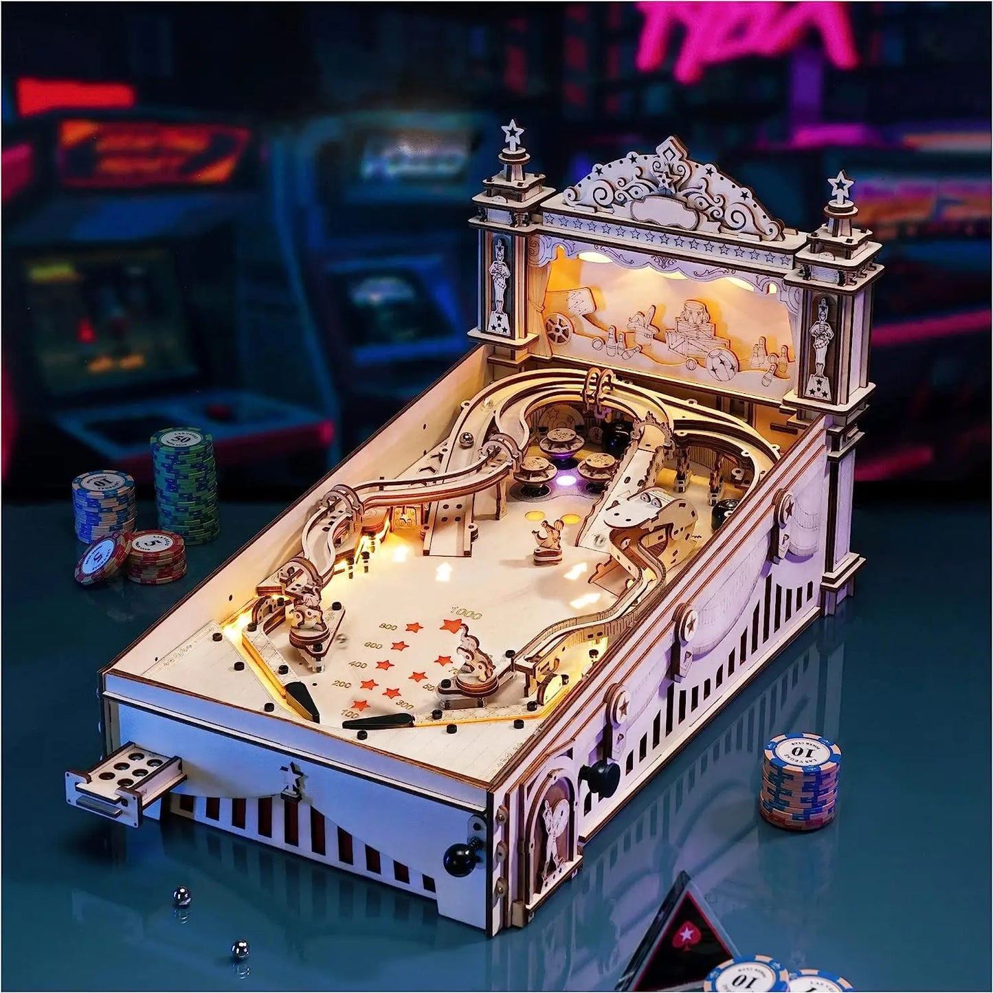 ROKR 3D Pinball Machine Wooden Puzzle DIY Kit for Adults