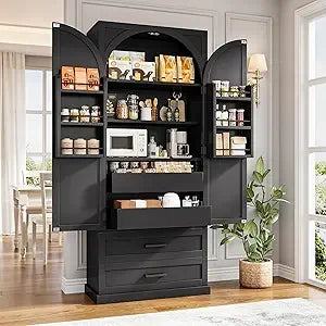 Freestanding Kitchen Pantry Cabinet With Adjustable Shelves And Drawers