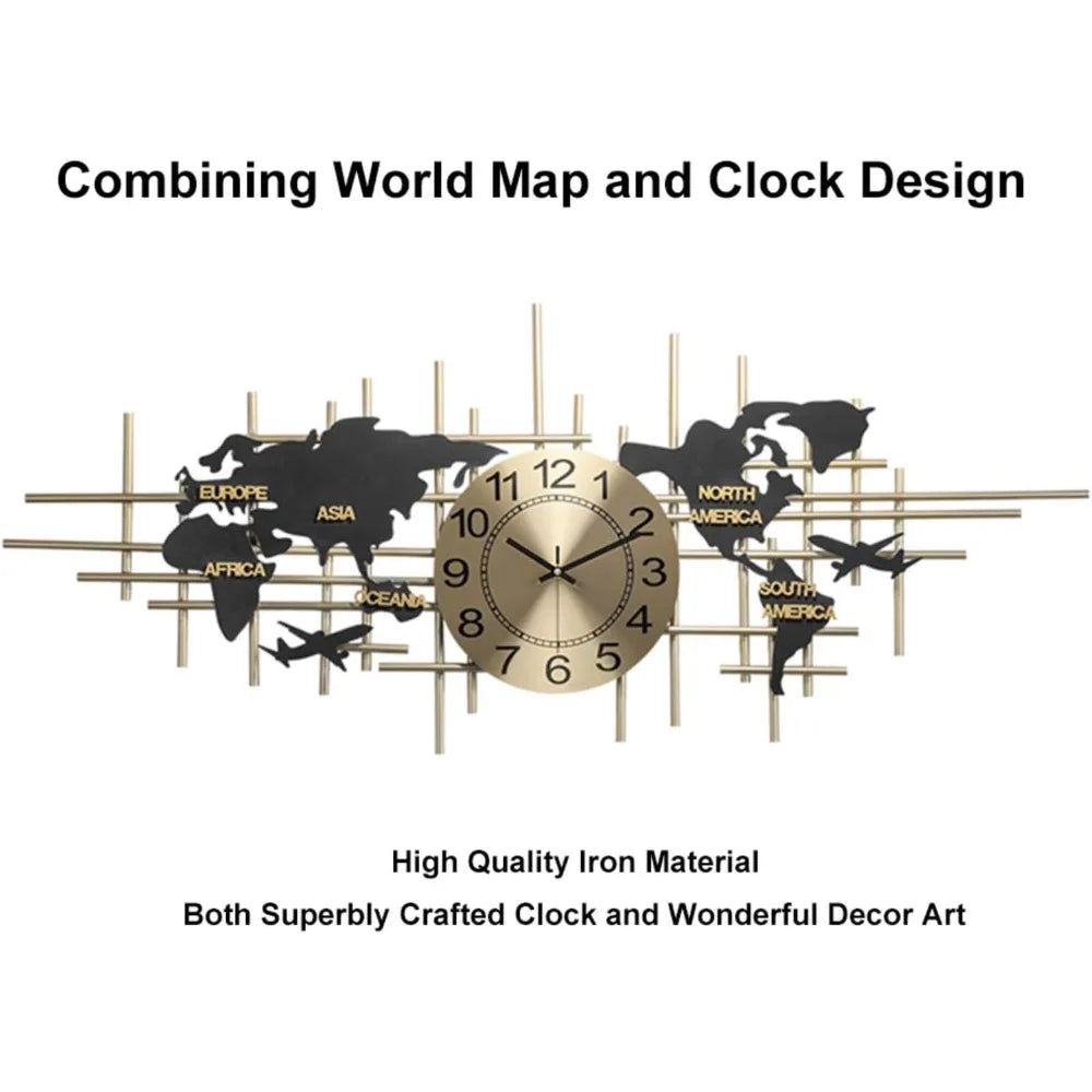 Modern 3D World Map Wall Clock in Bronze Gold