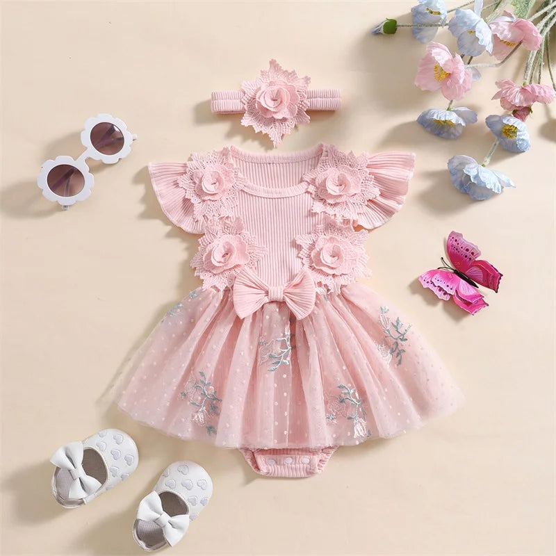 Newborn Baby Girls Sleeveless Romper Dress With Floral Mesh Skirt