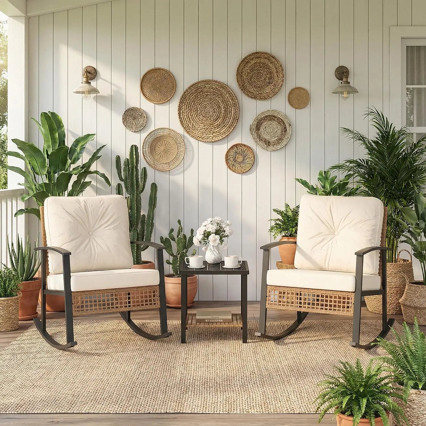 Three Piece Rocking Bistro Rattan Chairs With Cushions And Table