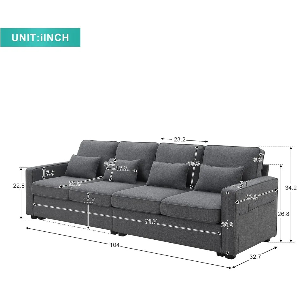 104 Inch Modern 4-Seater Linen Sofa with Pillows and Pockets