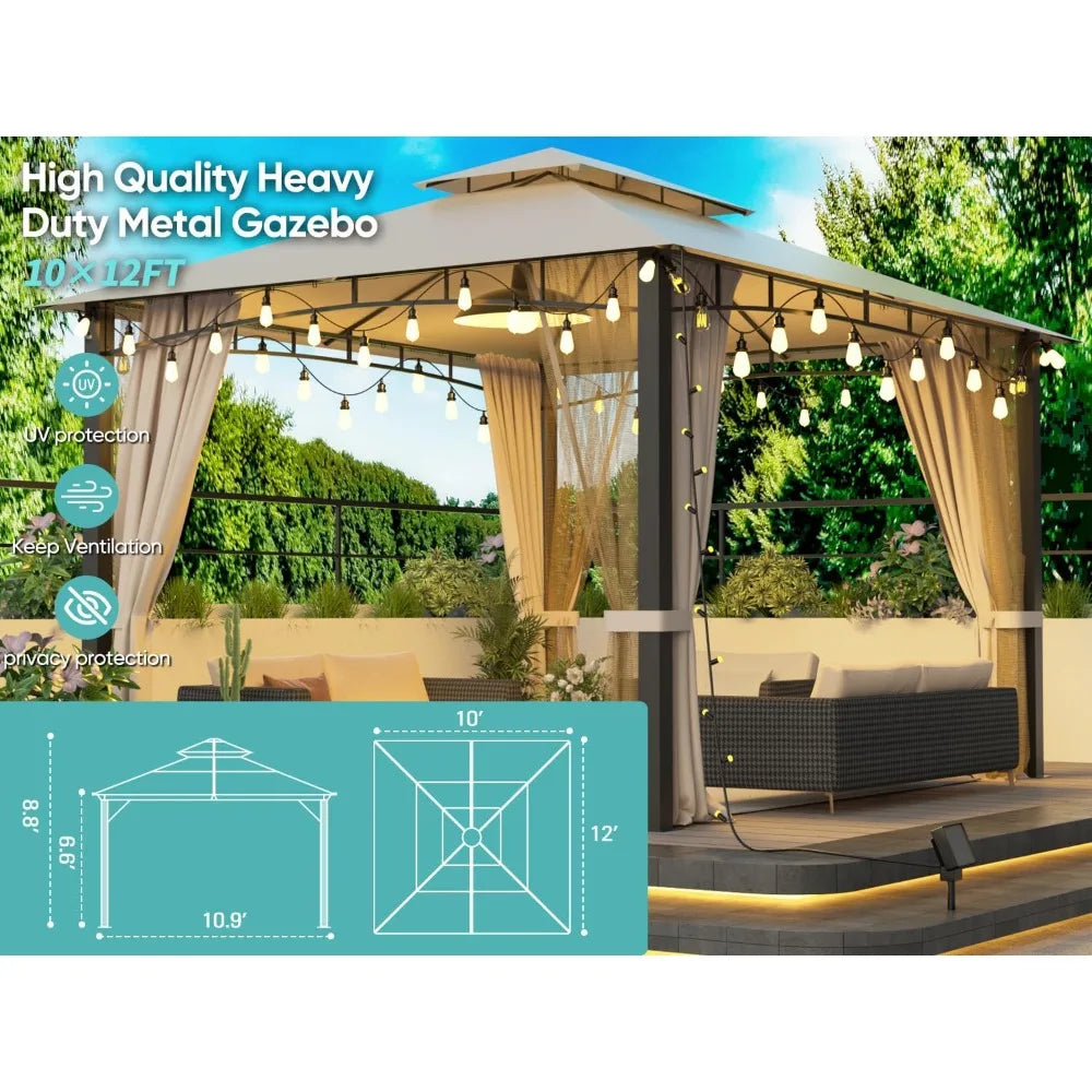 Heavy Duty 10x12 Patio Gazebo with Double Roof and Privacy Curtains