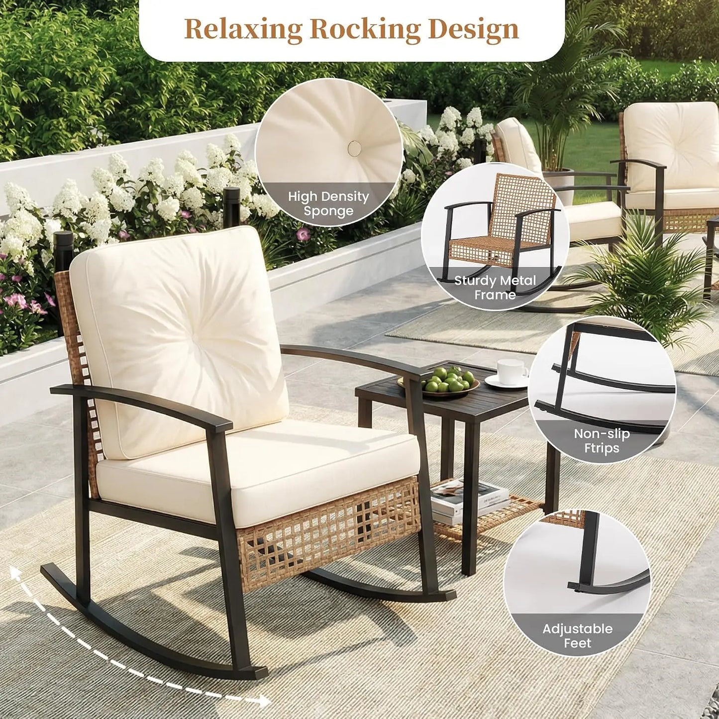 Three Piece Rocking Bistro Rattan Chairs With Cushions And Table