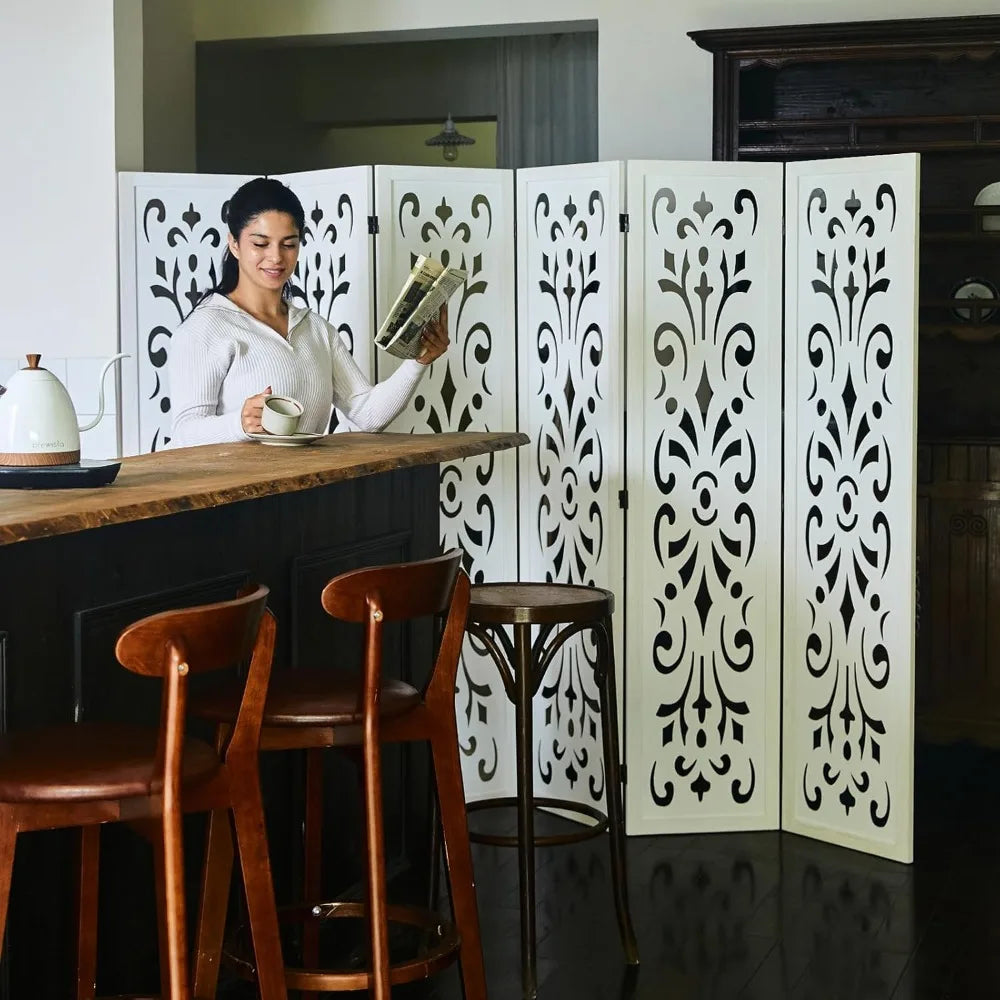 White Carved Wood Room Divider Folding Screen Six Panels