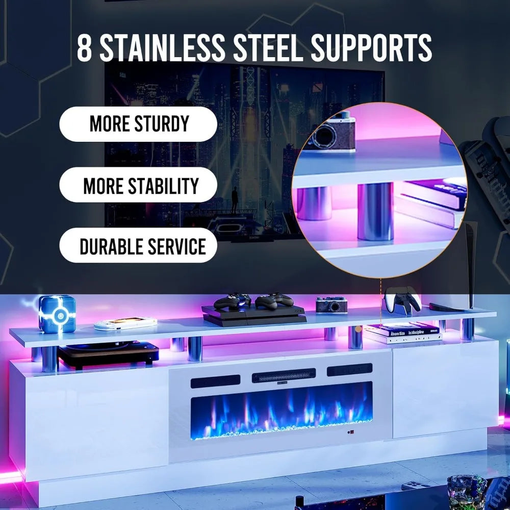 80 Inch Modern Electric Fireplace TV Stand With LED Lights