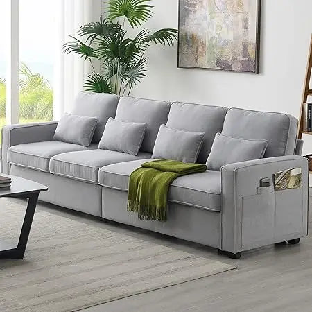 104 Inch Modern 4-Seater Linen Sofa with Pillows and Pockets