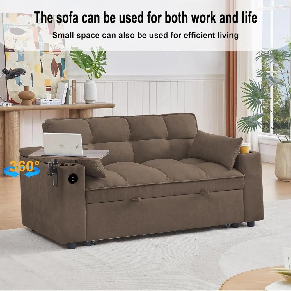 65 Inch Convertible Sleeper Sofa Bed with Chaise and USB Ports