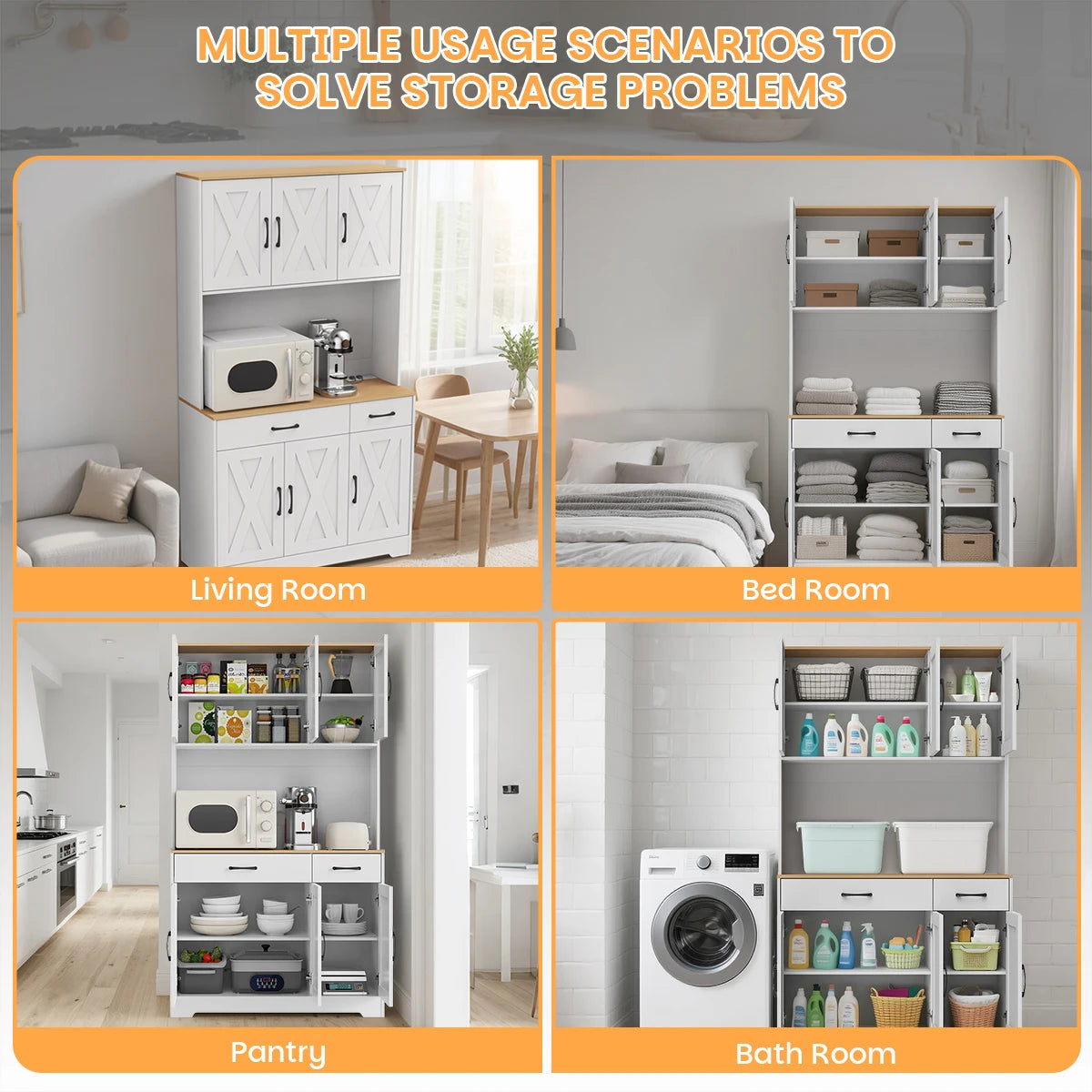 Huisenitre Freestanding Pantry Cabinet With Charging Station Adjustable Shelves