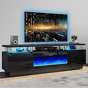80 Inch Modern Electric Fireplace TV Stand With LED Lights