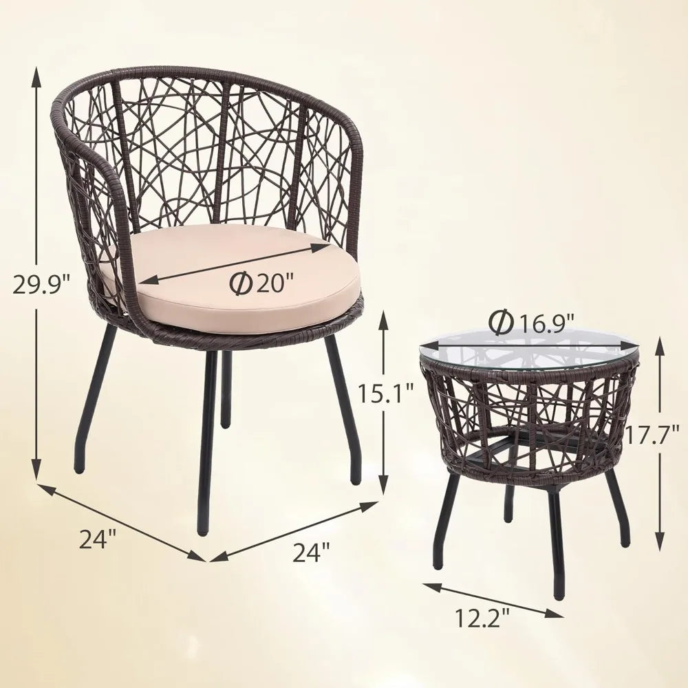 Boho 3 Piece Wicker Bistro Set with Washable Cushions
