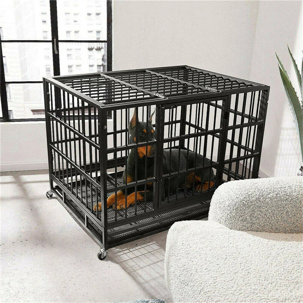 XXL Heavy Duty Dog Crate With Lockable Wheels And Tray