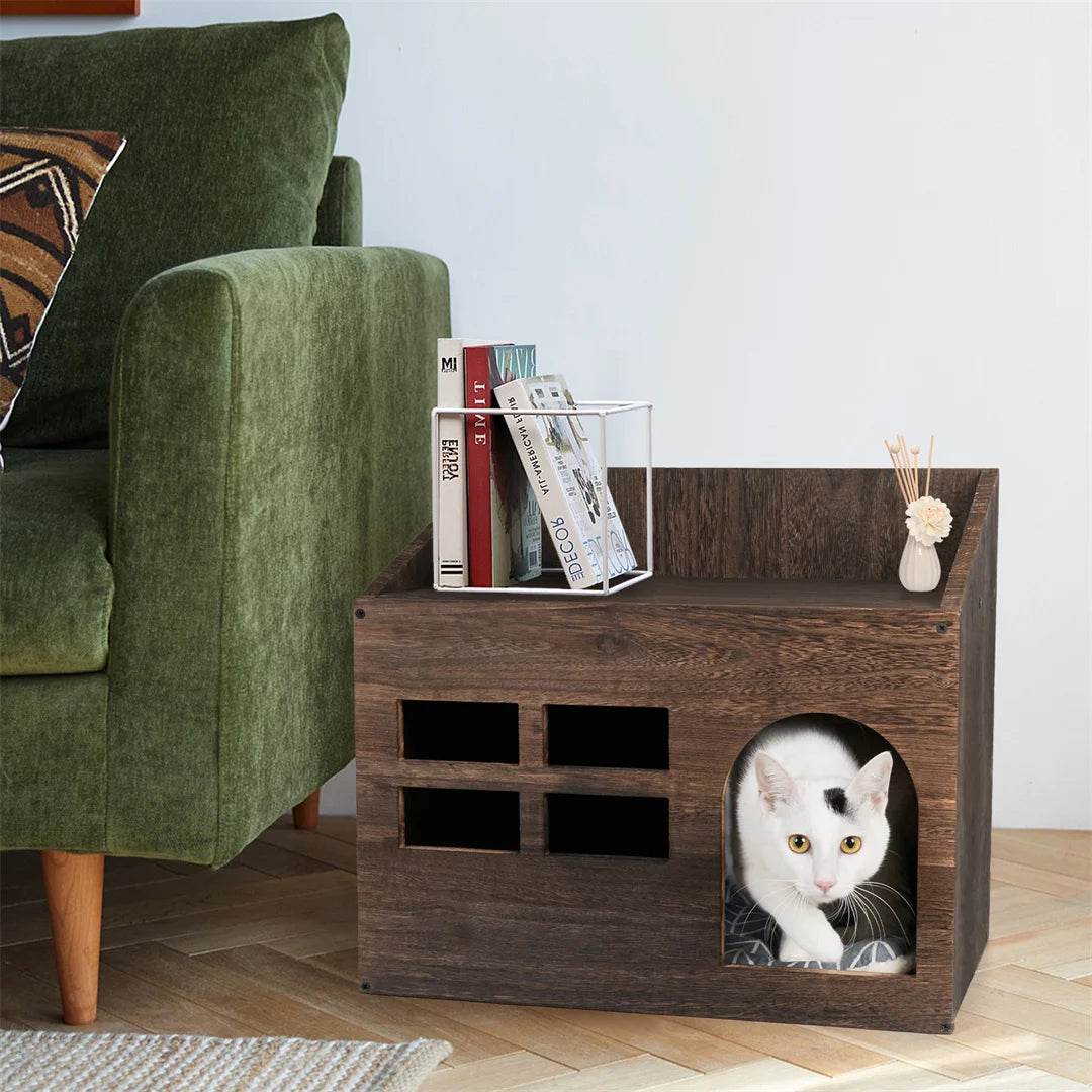 Wooden Cat Cave Bed with Cushion for Indoor Cats