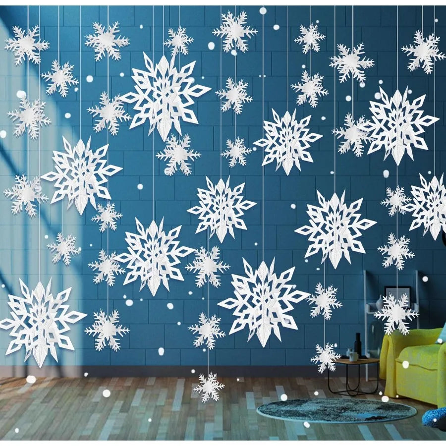 24Pcs 3D White Paper Snowflake Garland for Christmas Decor