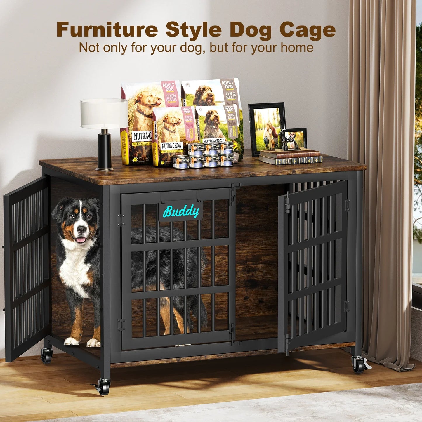 Dog Crate Furniture With Casters Heavy Duty Kennel For Indoor Use TV Stand