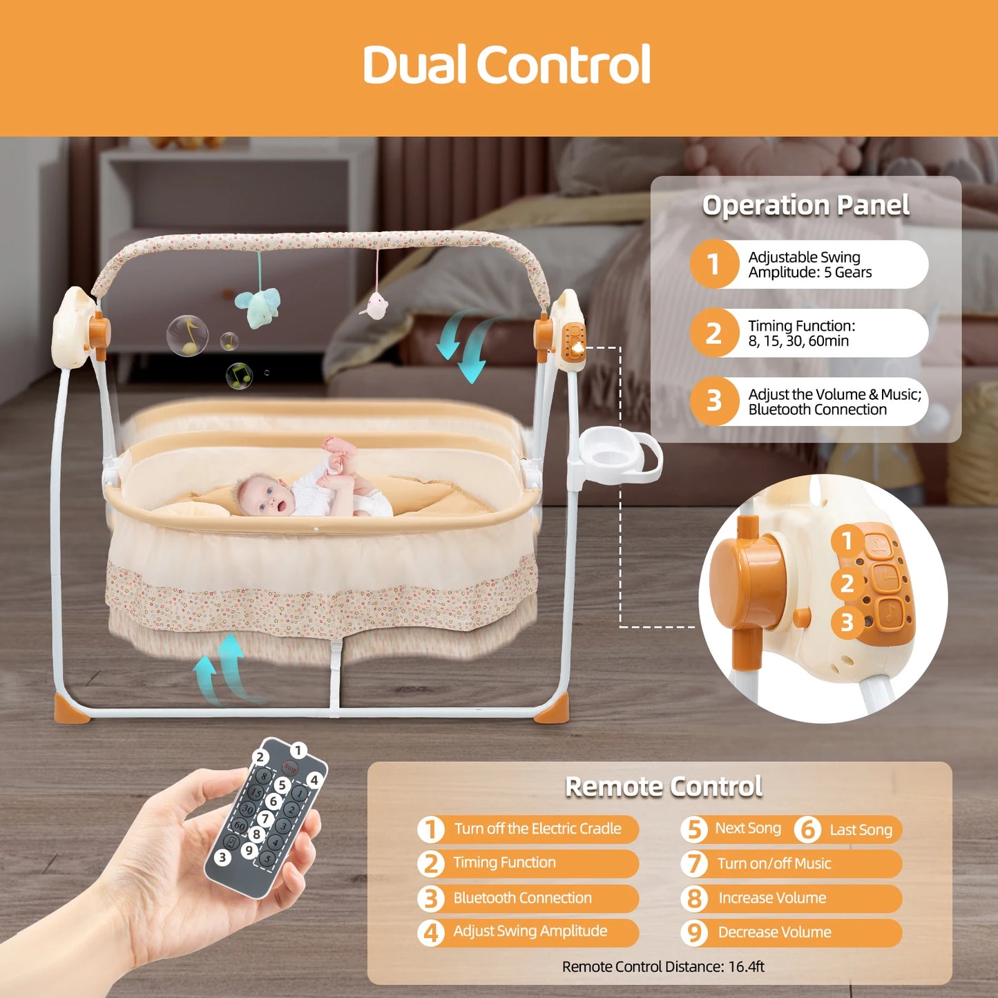Electric Baby Crib Cradle with Remote Control and Music