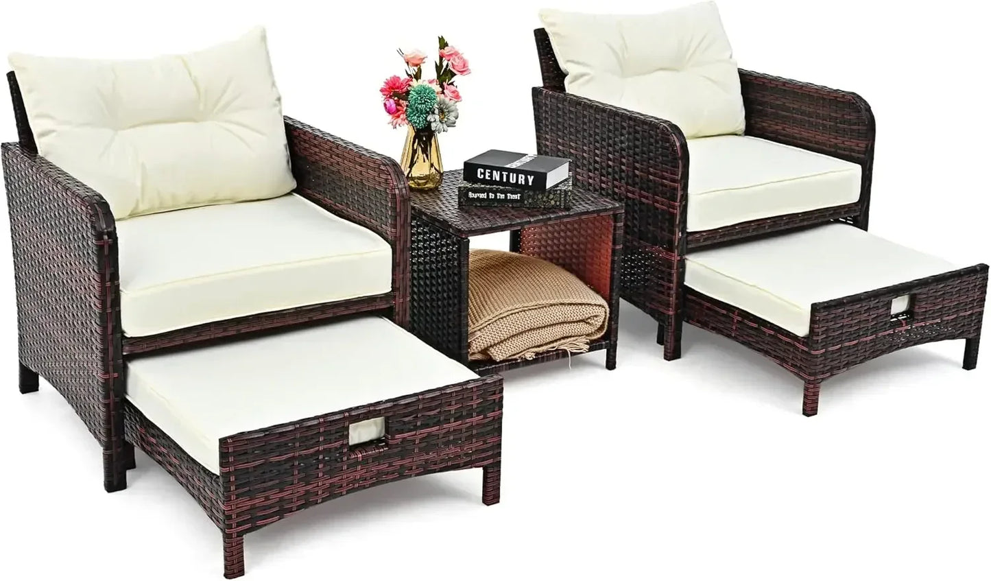 Wicker Patio Conversation Set With Ottomans And Coffee Table