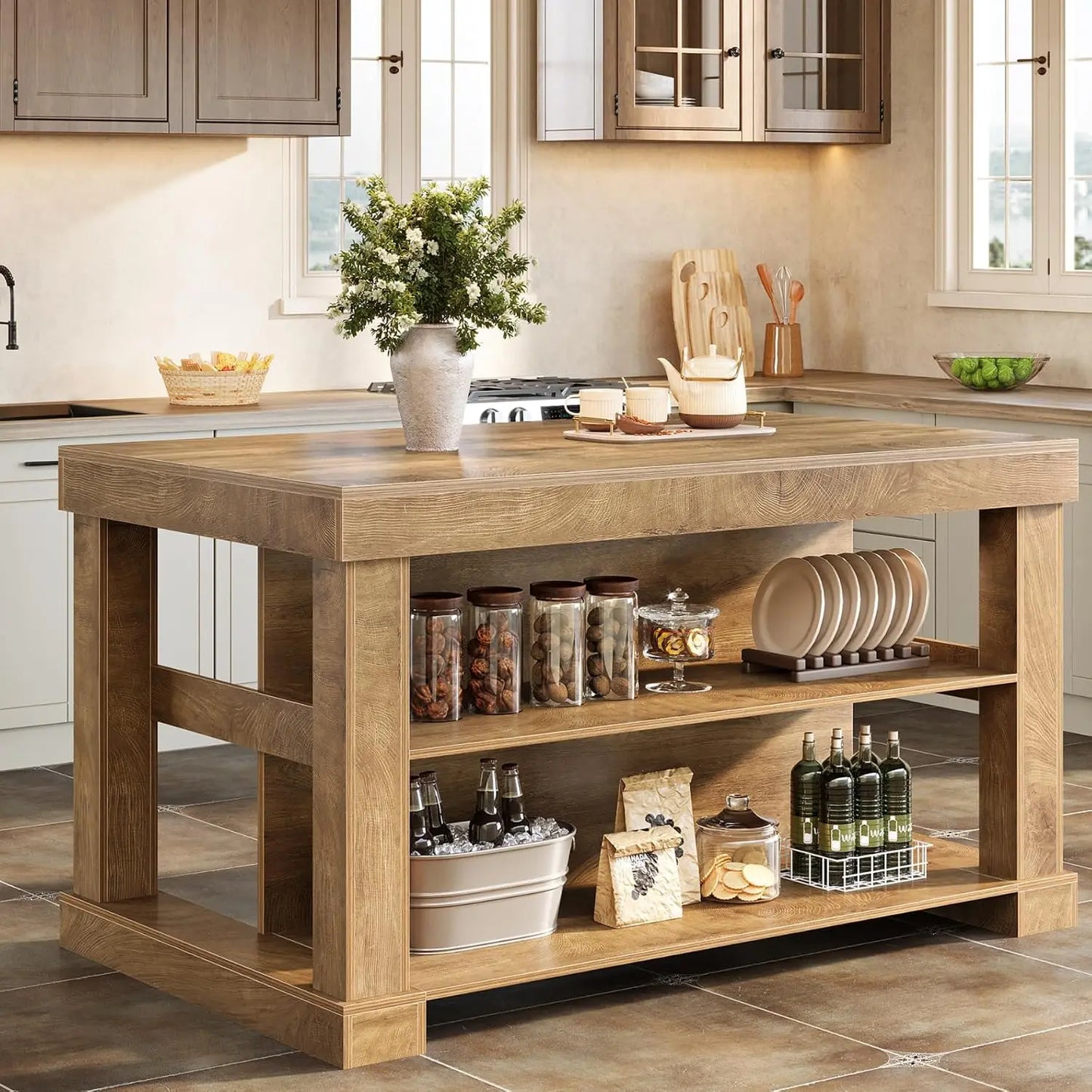 55 Inch Farmhouse Kitchen Island With Storage And Seating